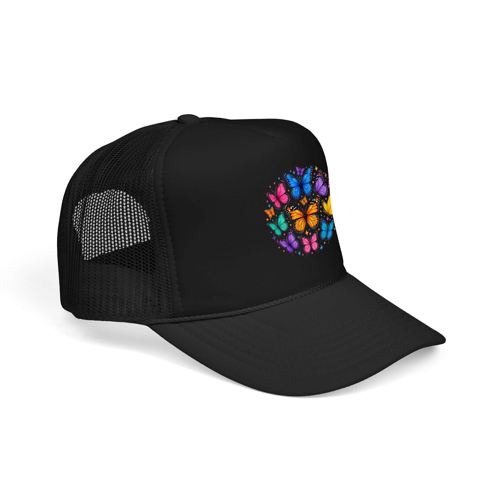 Butterfly Circle Trucker Hat with colorful butterfly design on a black foam cap.
