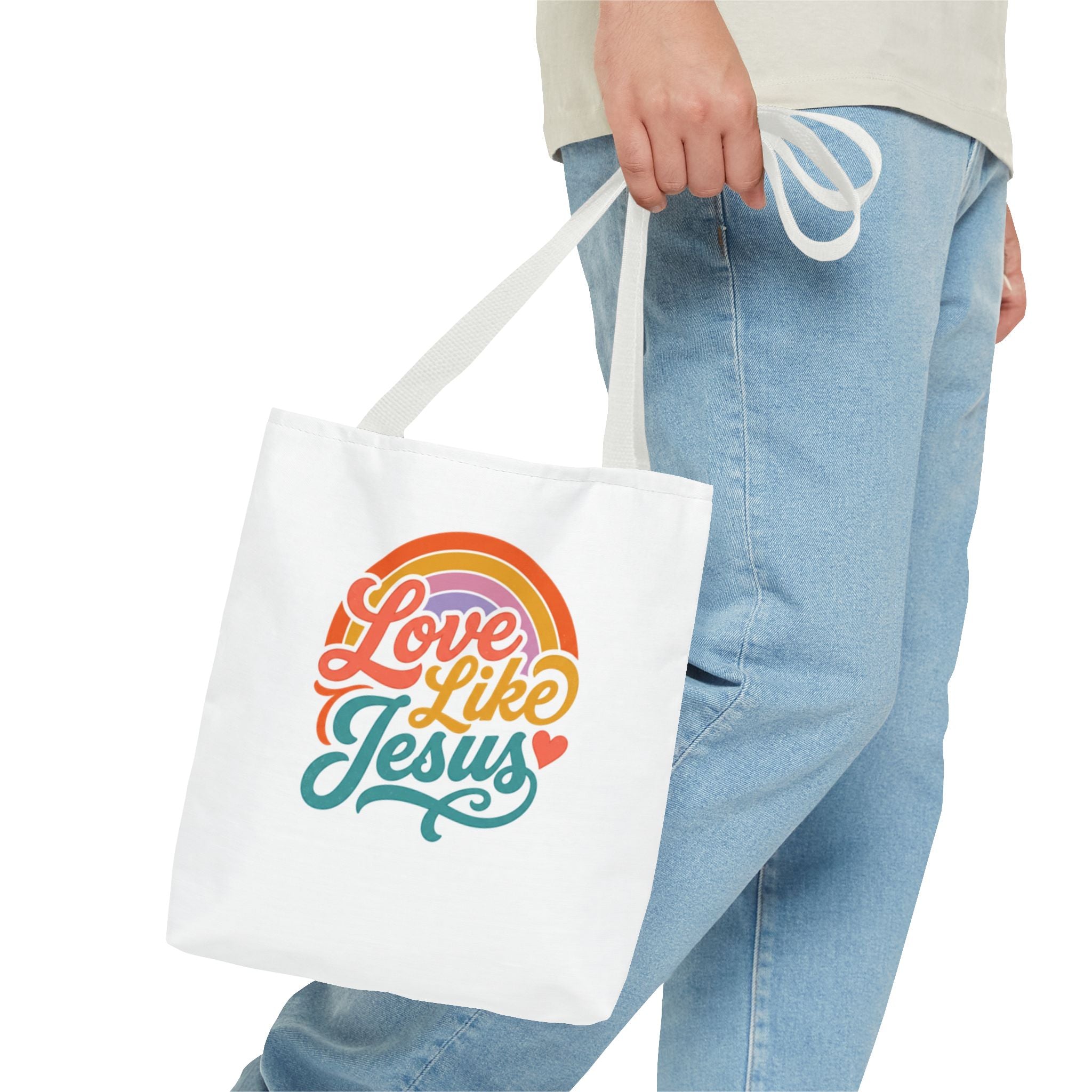 Love Like Jesus Tote Bag — Retro Rainbow Christian Canvas Tote