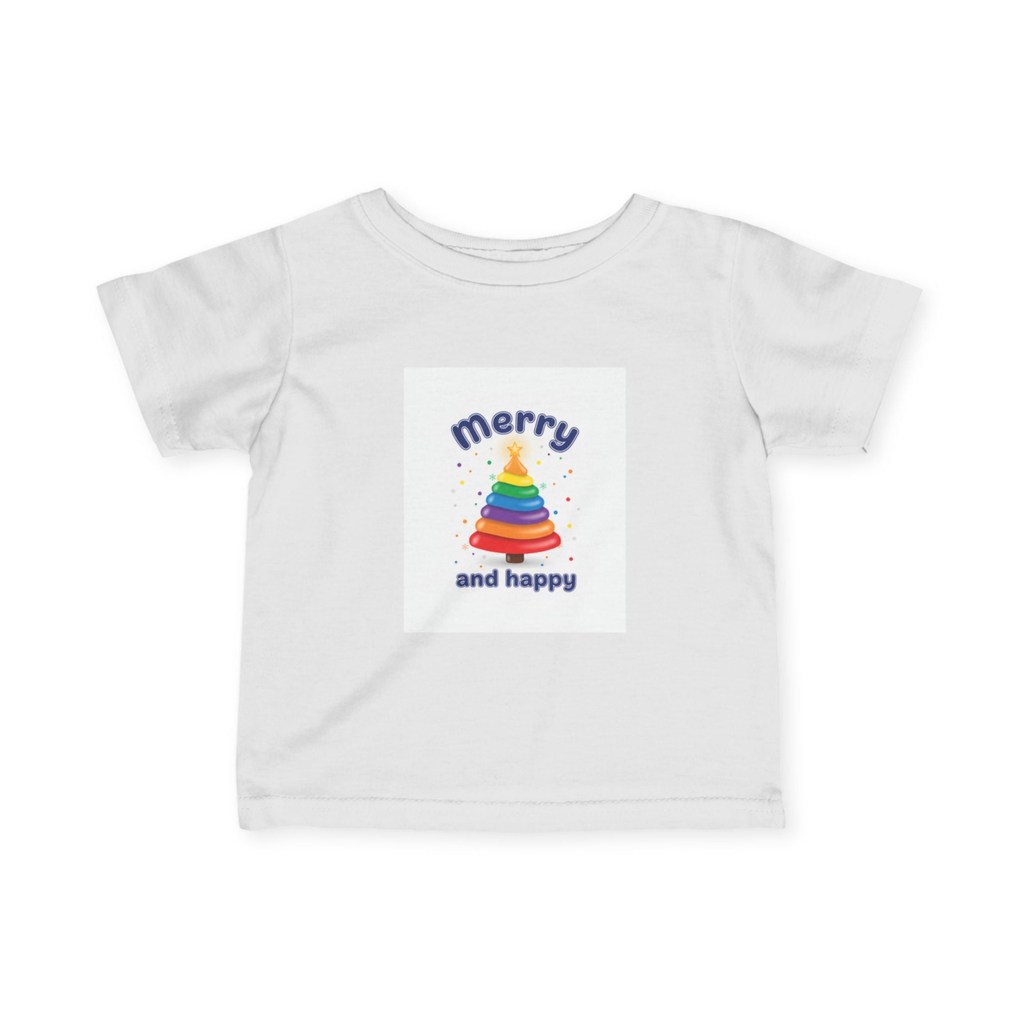 Infant Tee — "Merry and Happy" Rainbow Tree Holiday Baby Shirt red