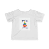 Infant Tee — "Merry and Happy" Rainbow Tree Holiday Baby Shirt Printify