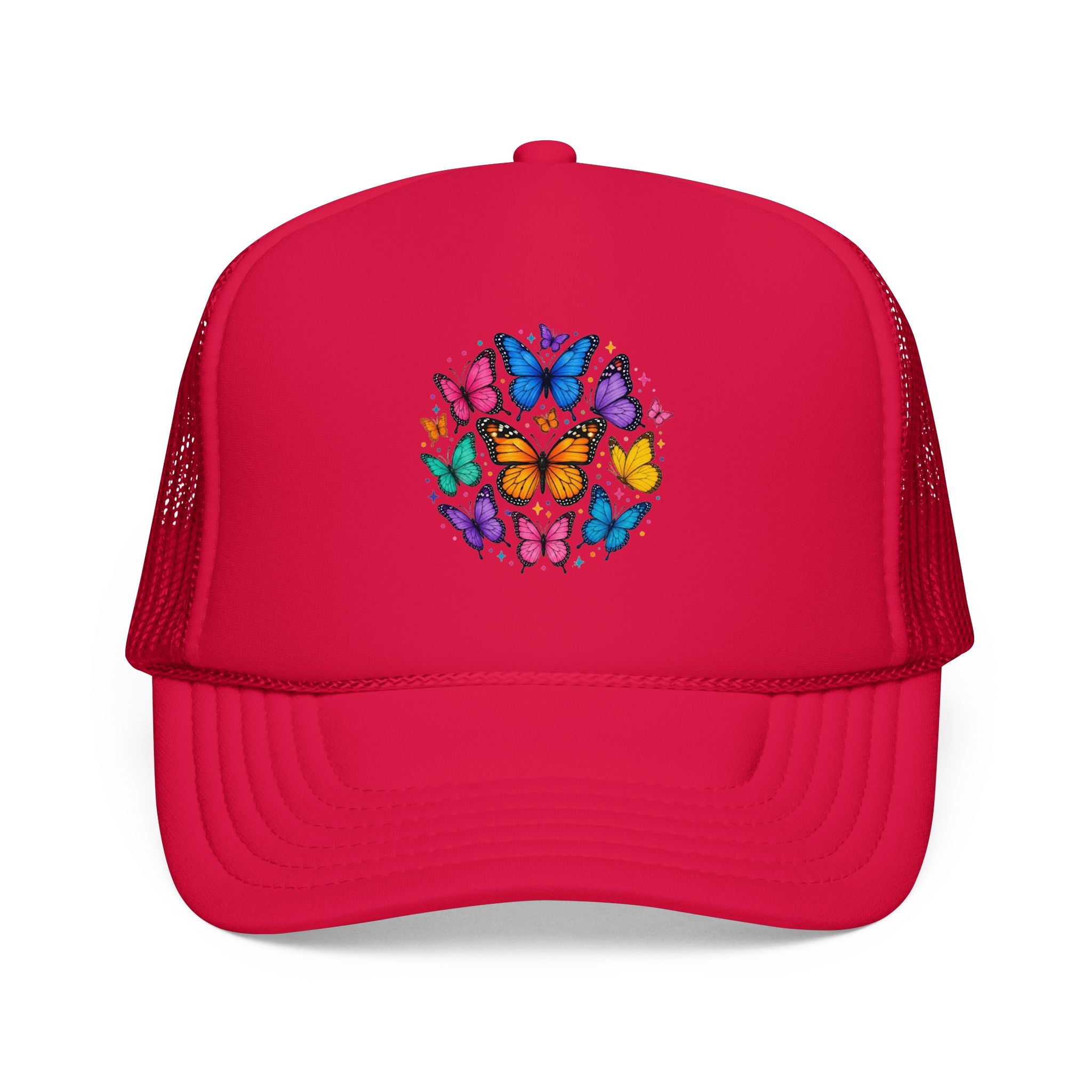 Butterfly Circle Trucker Hat featuring colorful rainbow butterflies on a vibrant red foam cap.