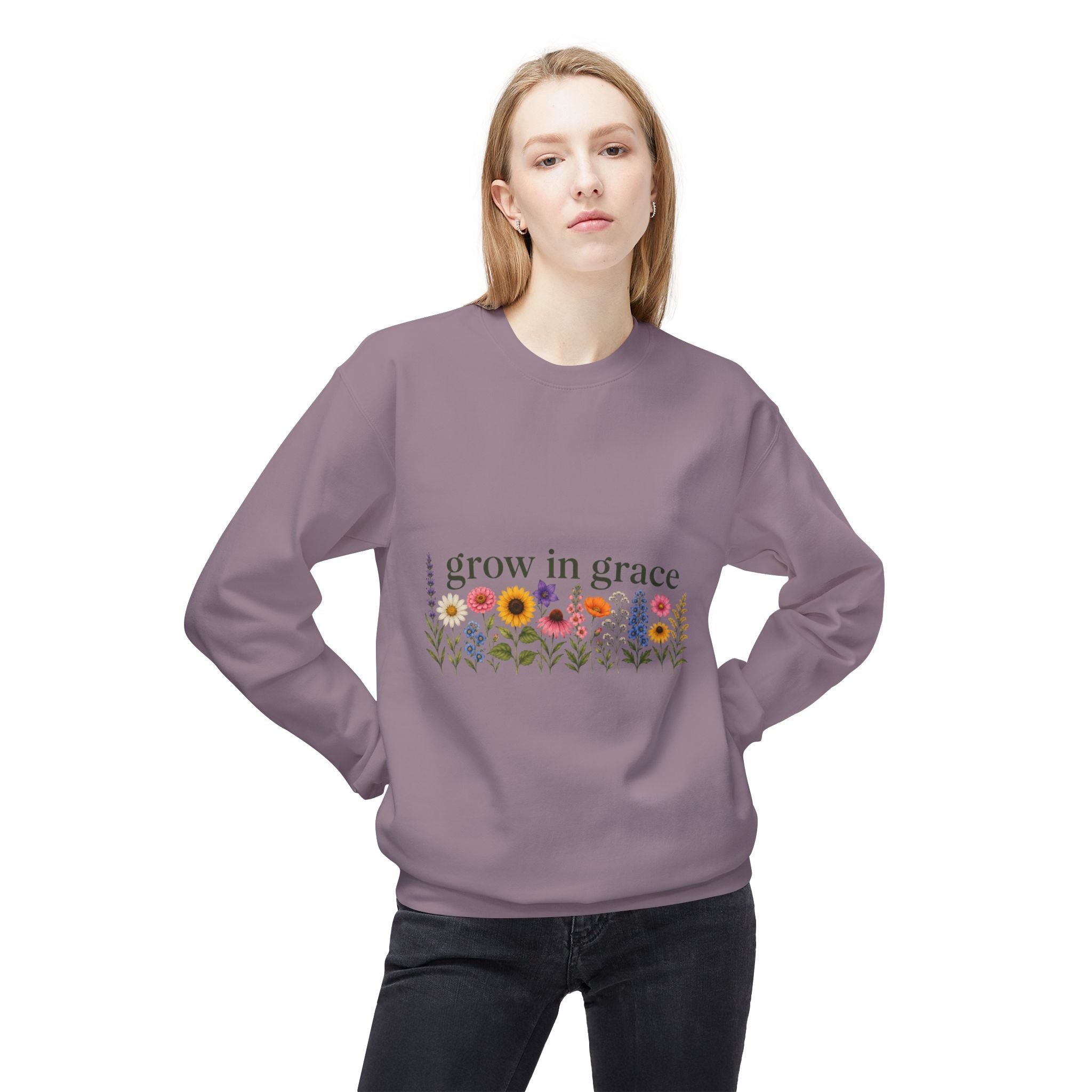 Model wearing the Grow In Grace Flowers Sweatshirt in lavender with floral designs and a comfortable fit.