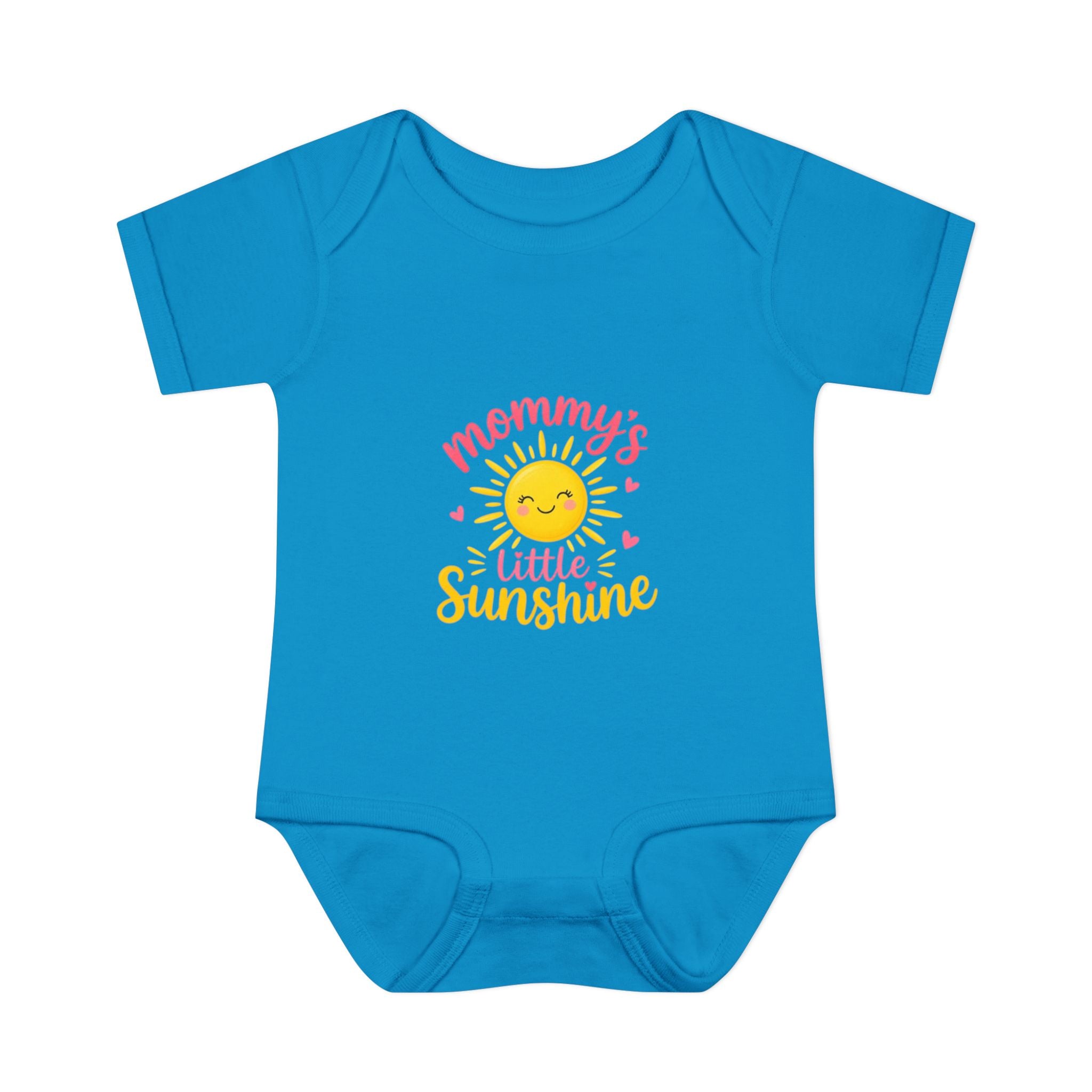 Mommy's little sunshine bodysuit in bright blue with cheerful sun design for infants.