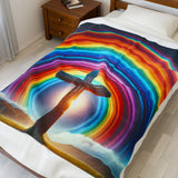 Rainbow Cross Velveteen Blanket, Colorful Throw, Faith Blanket