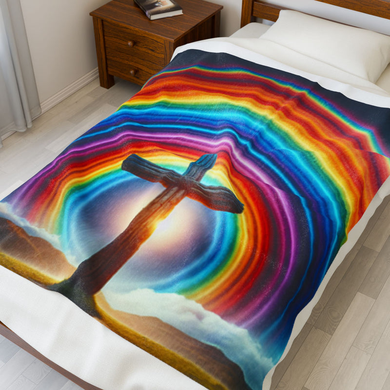 Rainbow Cross Velveteen Blanket, Colorful Throw, Faith Blanket
