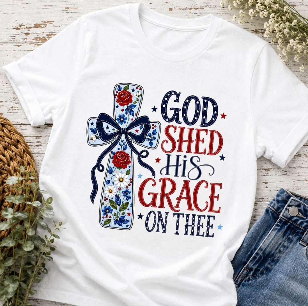 God Shed His Grace On Thee T-Shirt — Patriotic Christian Cross Tee - faithcovenant
