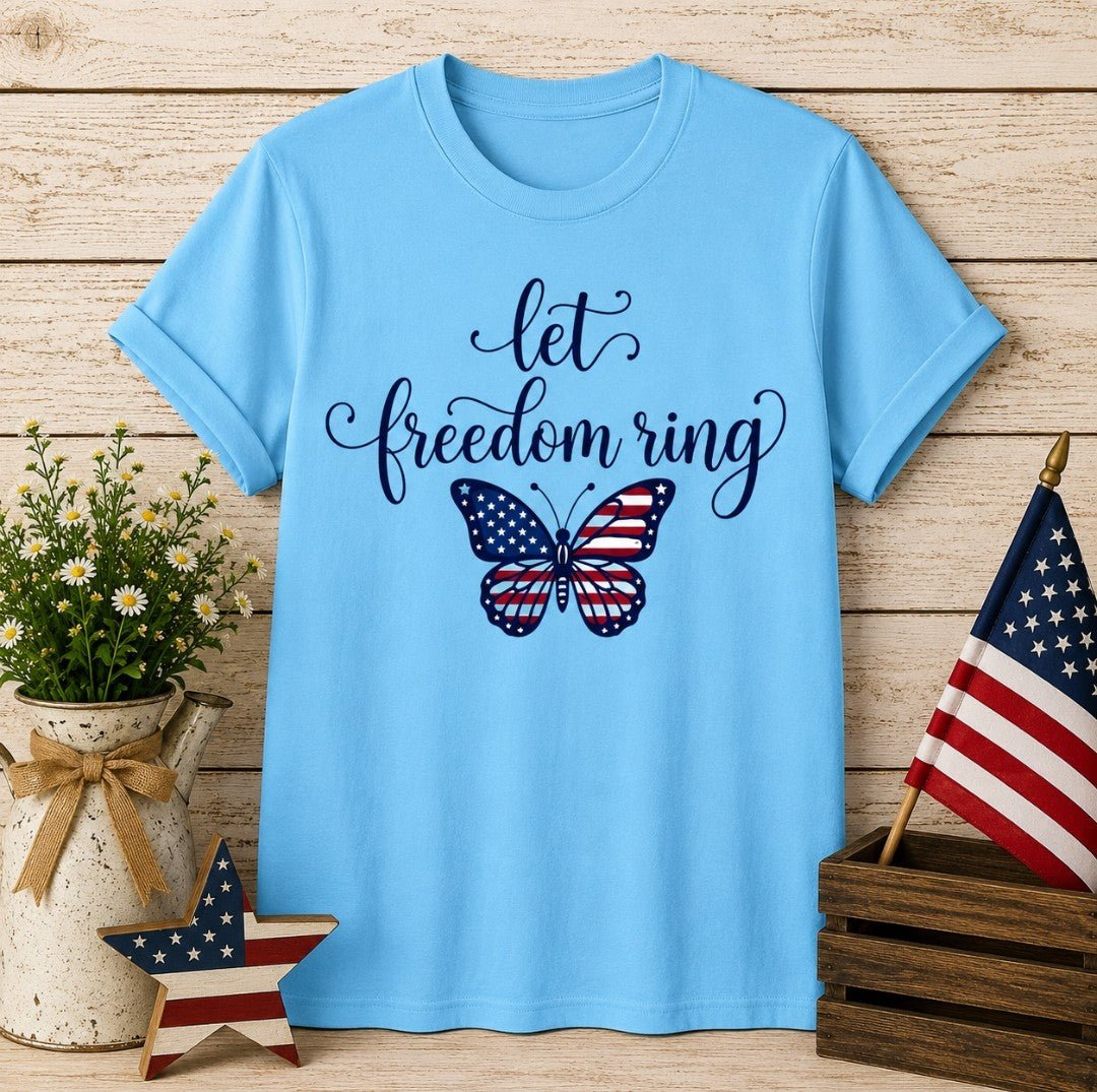 Let Freedom Ring Butterfly T-Shirt — Patriotic American Flag Tee for 4th of July - faithcovenant