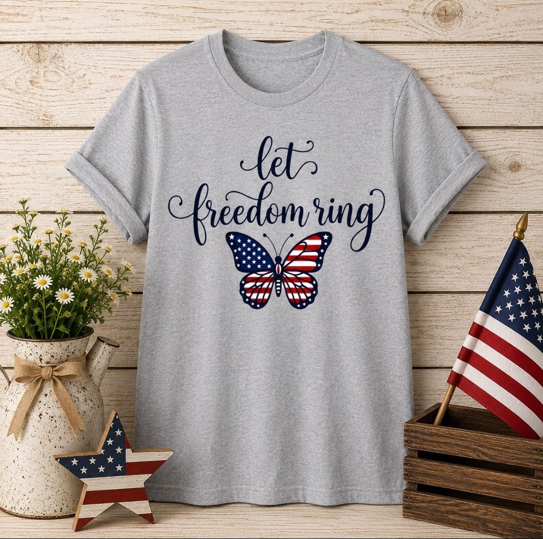 Let Freedom Ring Butterfly T-Shirt — Patriotic American Flag Tee for 4th of July - faithcovenant