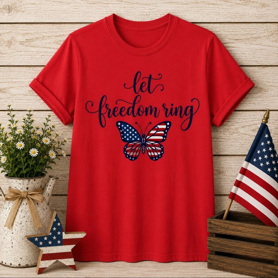 Let Freedom Ring Butterfly T-Shirt — Patriotic American Flag Tee for 4th of July - faithcovenant