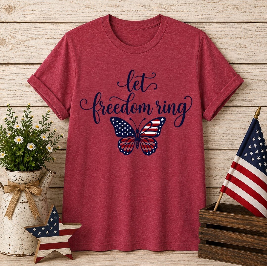 Let Freedom Ring Butterfly T-Shirt — Patriotic American Flag Tee for 4th of July - faithcovenant