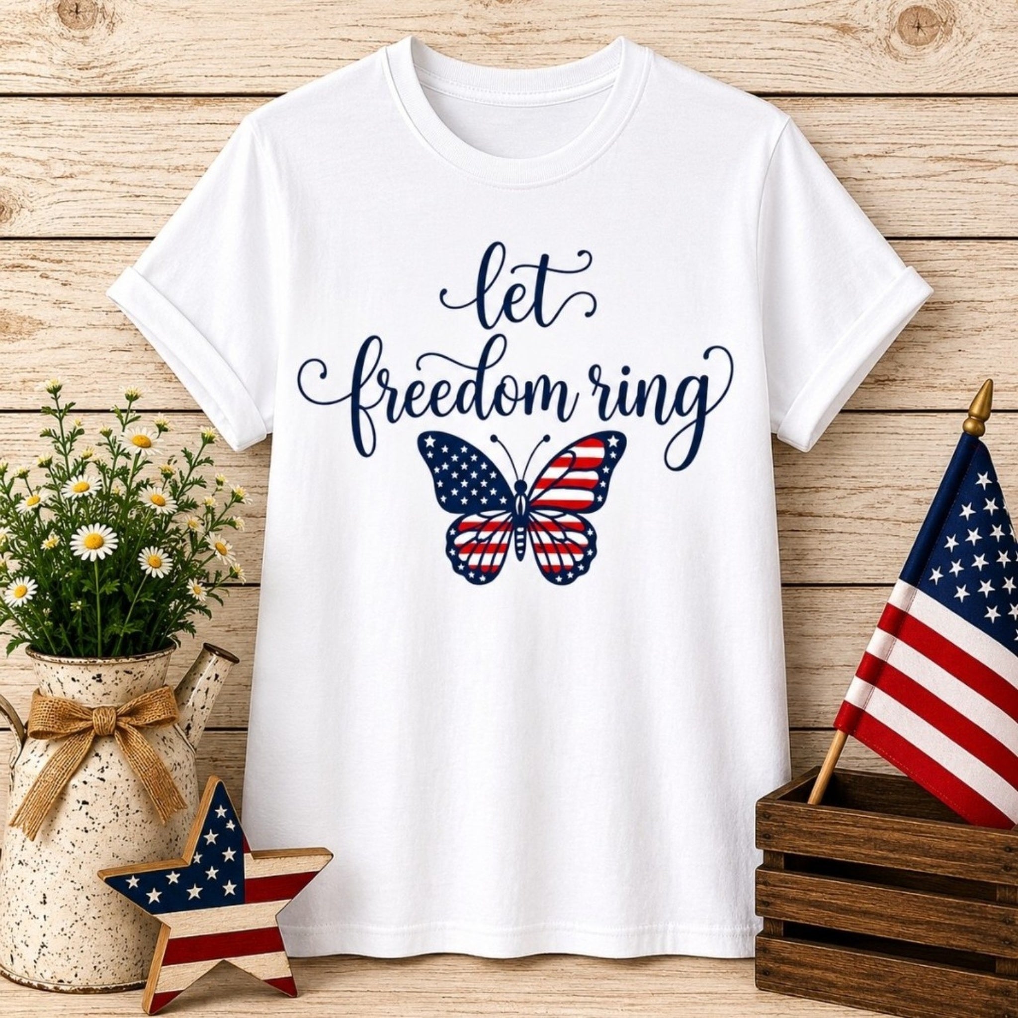 Let Freedom Ring Butterfly T-Shirt — Patriotic American Flag Tee for 4th of July - faithcovenant