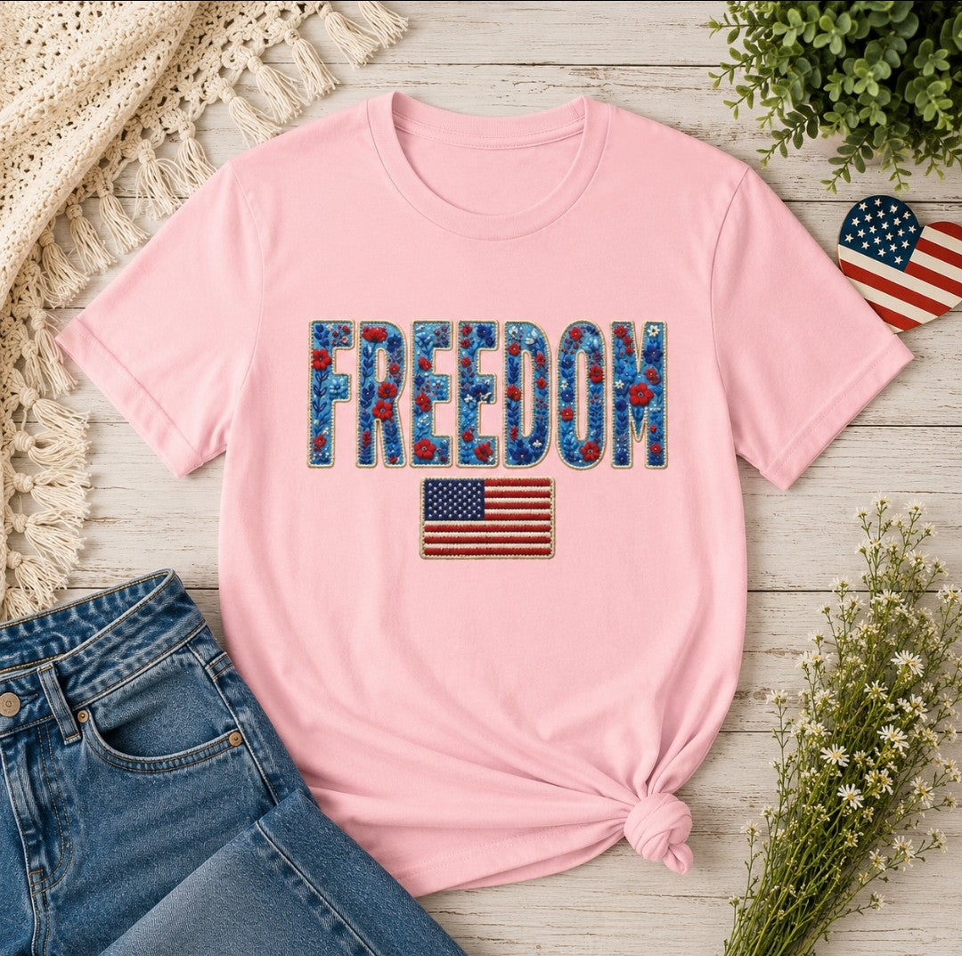 Freedom Floral Tee — Patriotic "FREEDOM" Graphic T-Shirt (4th of July)