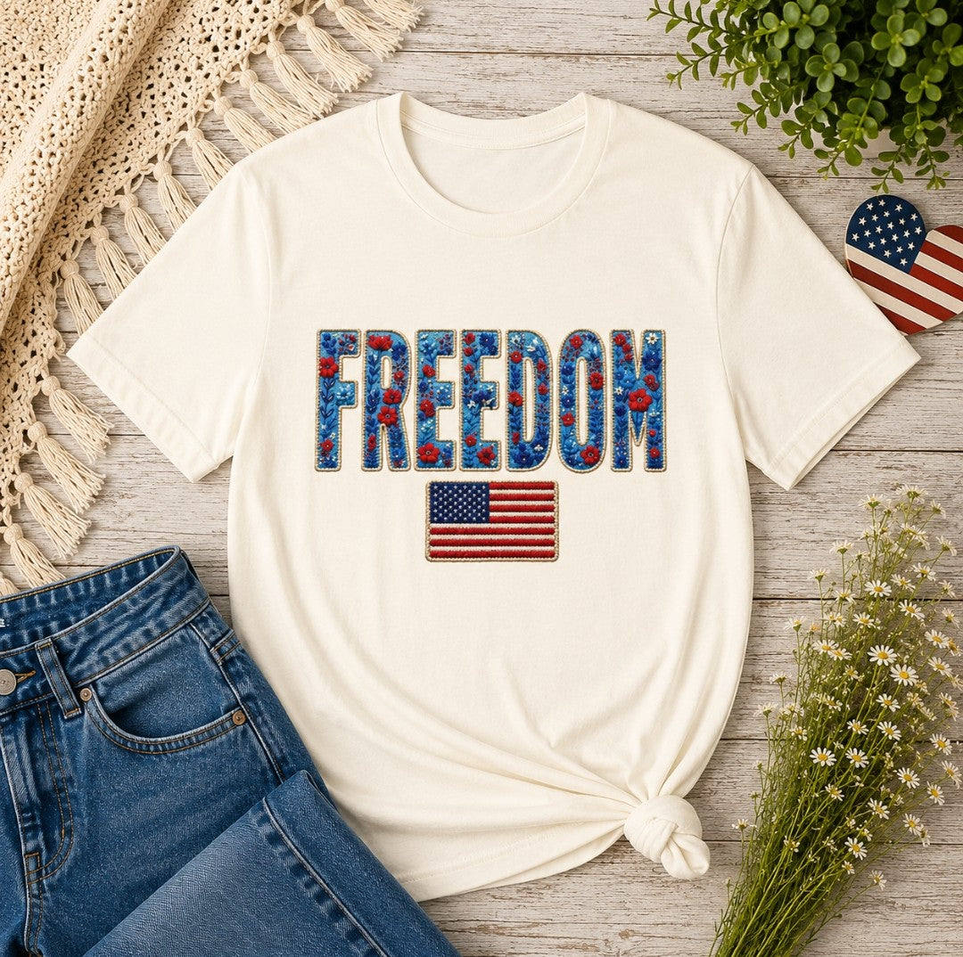Freedom Floral Tee — Patriotic "FREEDOM" Graphic T-Shirt (4th of July)