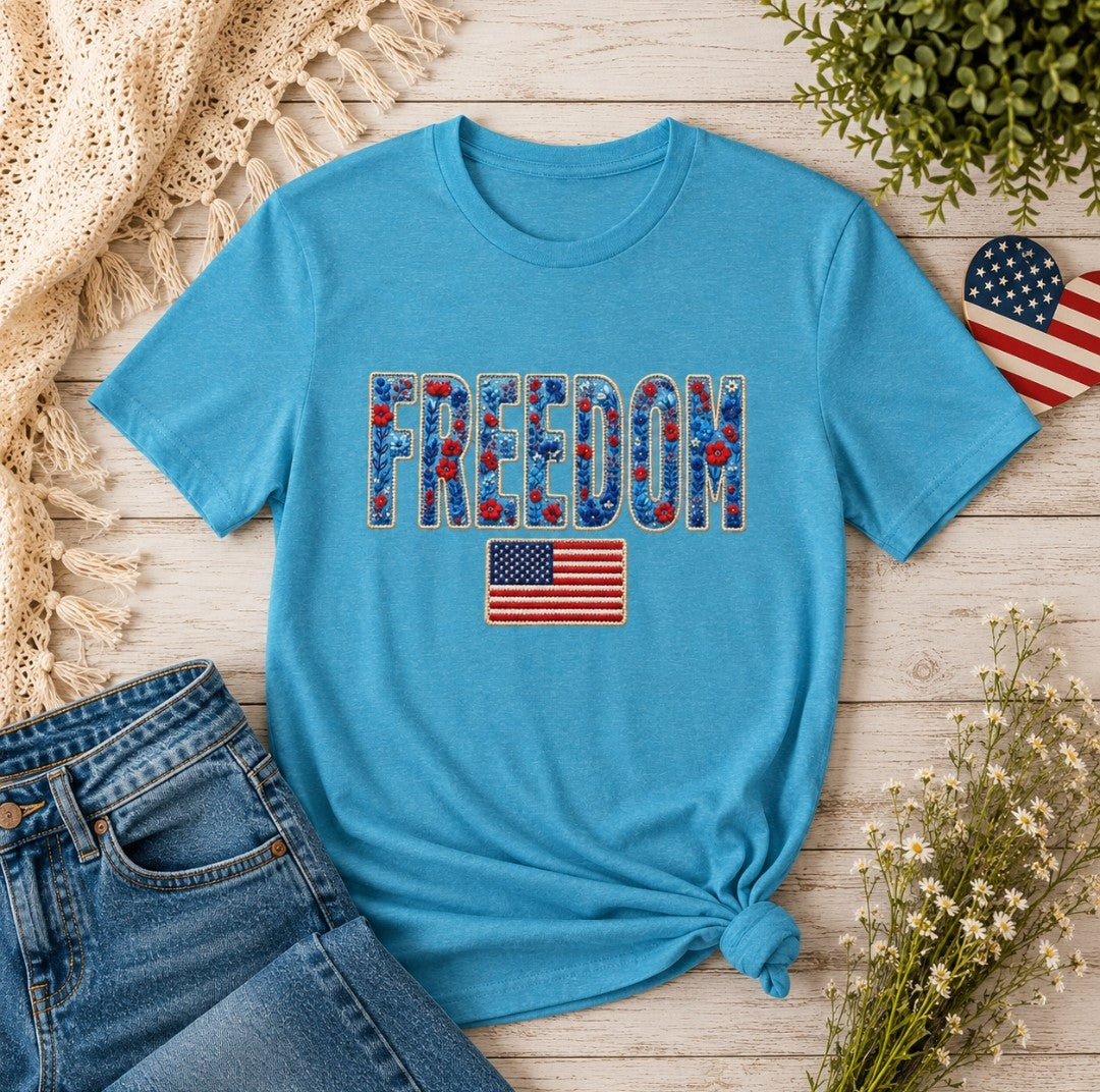 Freedom Floral Tee — Patriotic "FREEDOM" Graphic T-Shirt (4th of July)