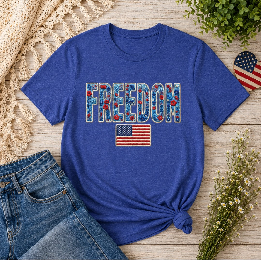Freedom Floral Tee — Patriotic "FREEDOM" Graphic T-Shirt (4th of July)