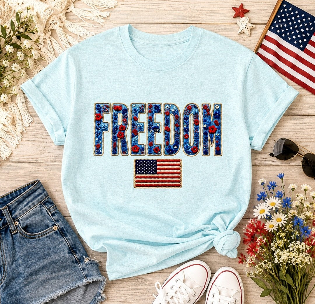 Freedom Floral Tee — Patriotic "FREEDOM" Graphic T-Shirt (4th of July)