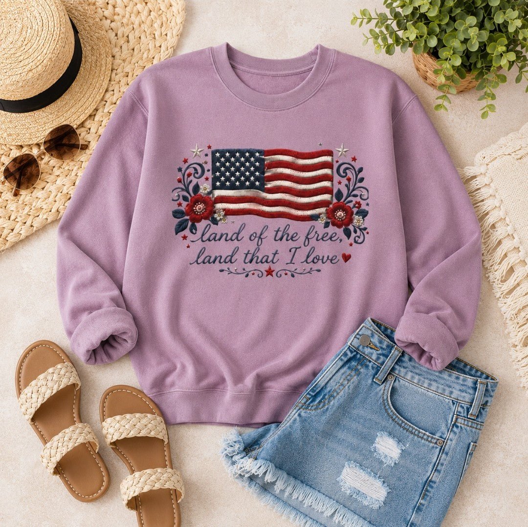 Patriotic Crewneck Sweatshirt — "Land of the Free, Land That I Love" Flag Design - faithcovenant