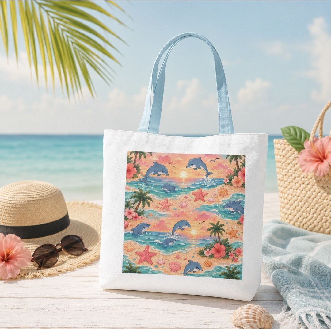 Tote Bag — Retro Tropical Dolphin Beach Print - faithcovenant