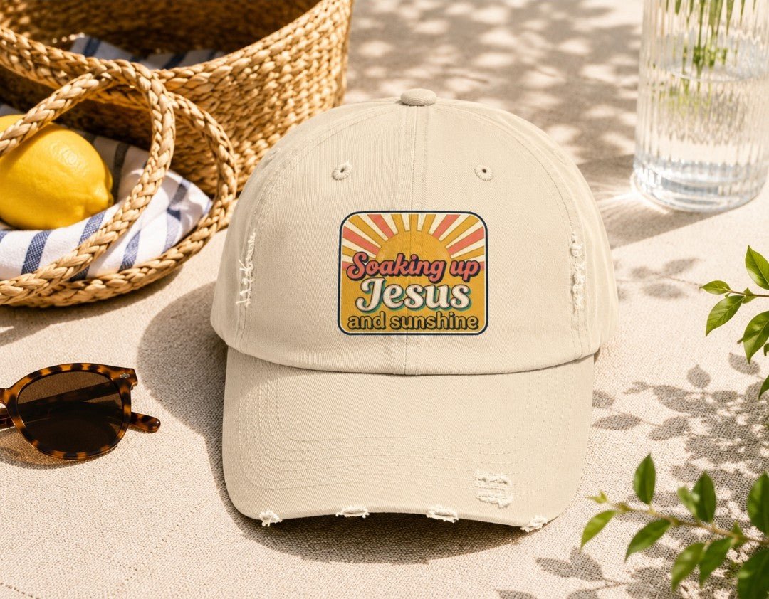 Distressed Baseball Cap — “Soaking Up Jesus and Sunshine” Retro Faith Hat - faithcovenant