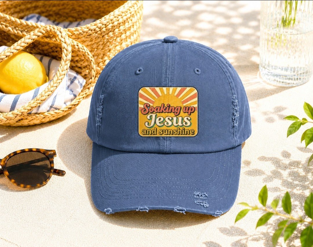 Distressed Baseball Cap — “Soaking Up Jesus and Sunshine” Retro Faith Hat - faithcovenant