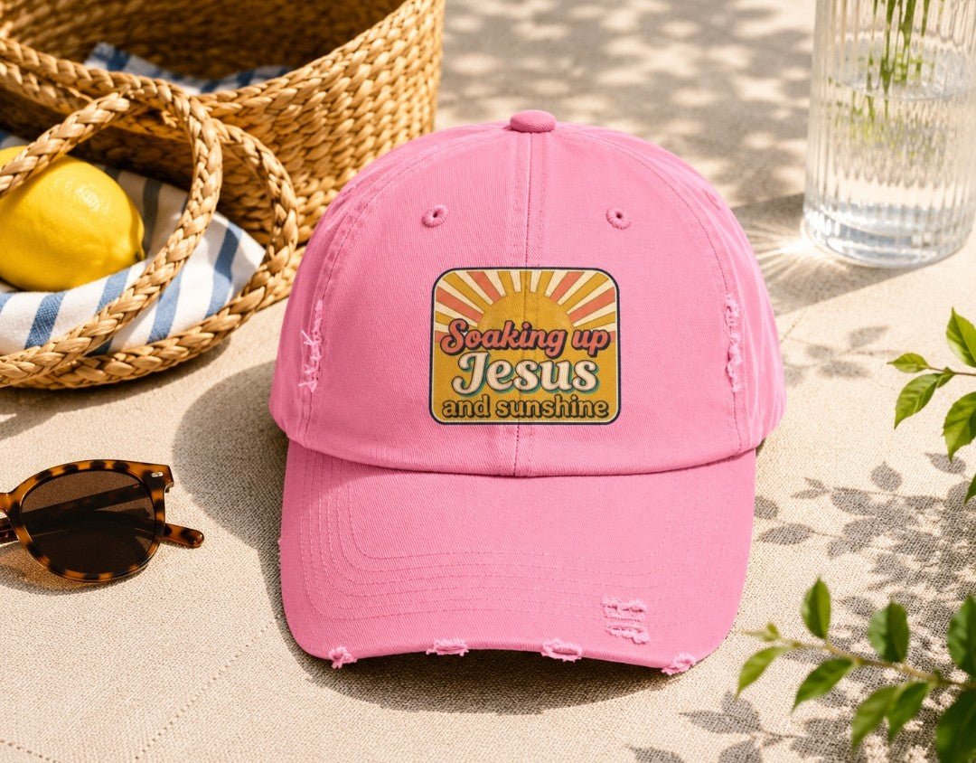 Distressed Baseball Cap — “Soaking Up Jesus and Sunshine” Retro Faith Hat - faithcovenant
