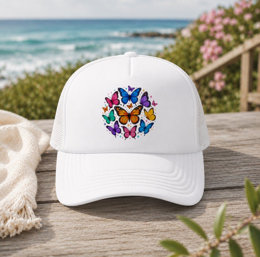 Butterfly Circle Trucker Hat – Colorful Rainbow Butterflies Foam Cap - faithcovenant