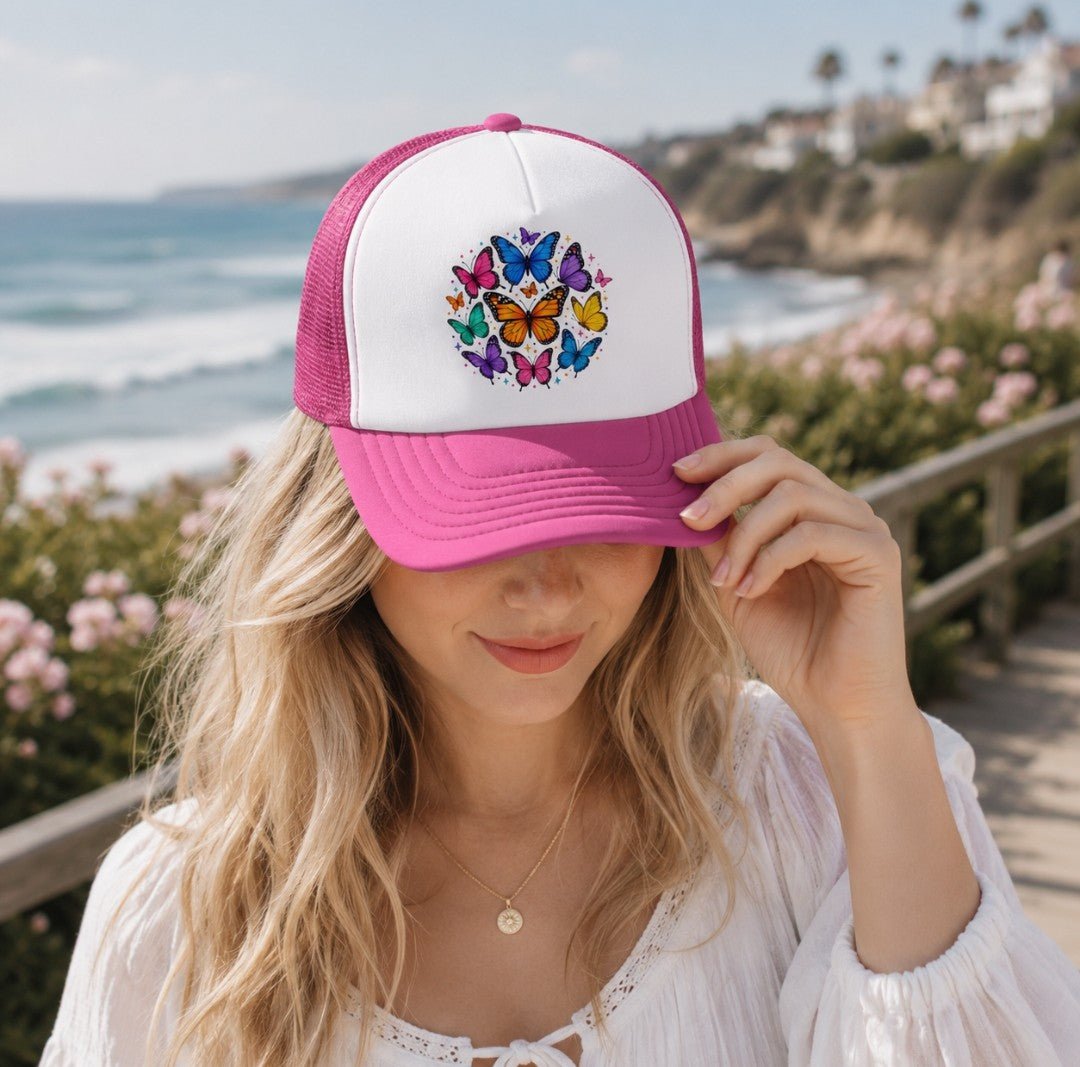 Butterfly Circle Trucker Hat – Colorful Rainbow Butterflies Foam Cap - faithcovenant