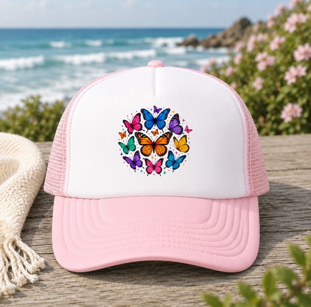 Butterfly Circle Trucker Hat – Colorful Rainbow Butterflies Foam Cap - faithcovenant