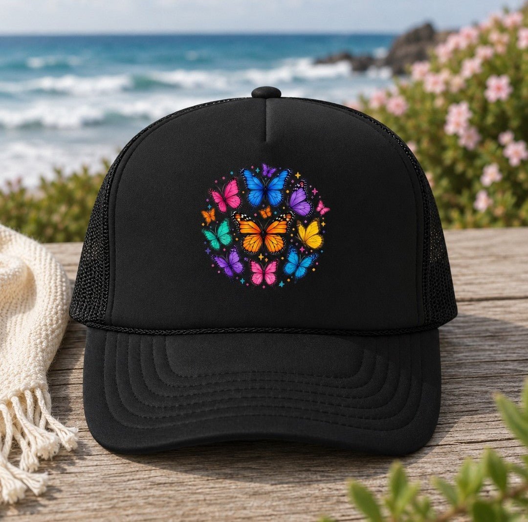 Butterfly Circle Trucker Hat – Colorful Rainbow Butterflies Foam Cap - faithcovenant