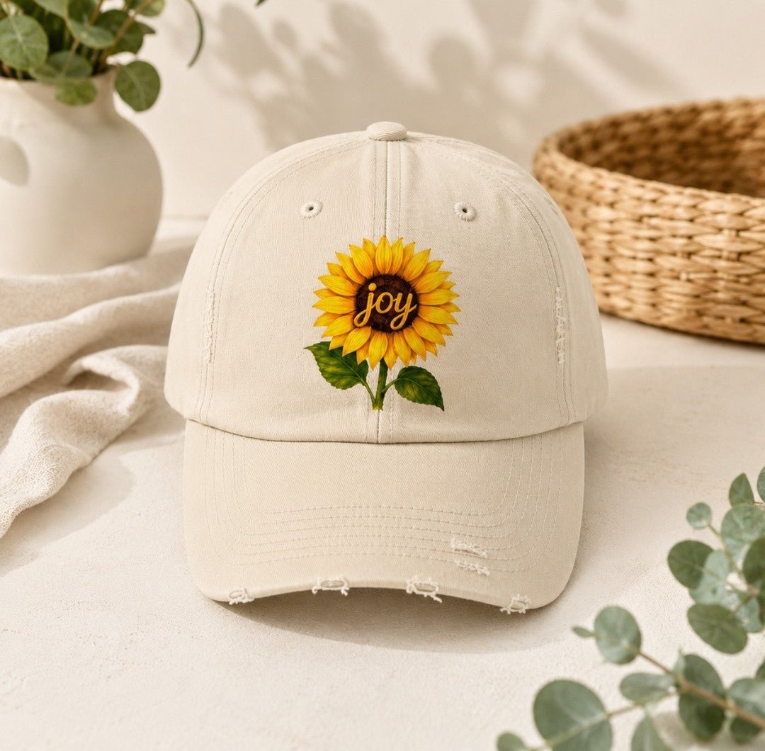 Sunflower "Joy" Distressed Cap - faithcovenant