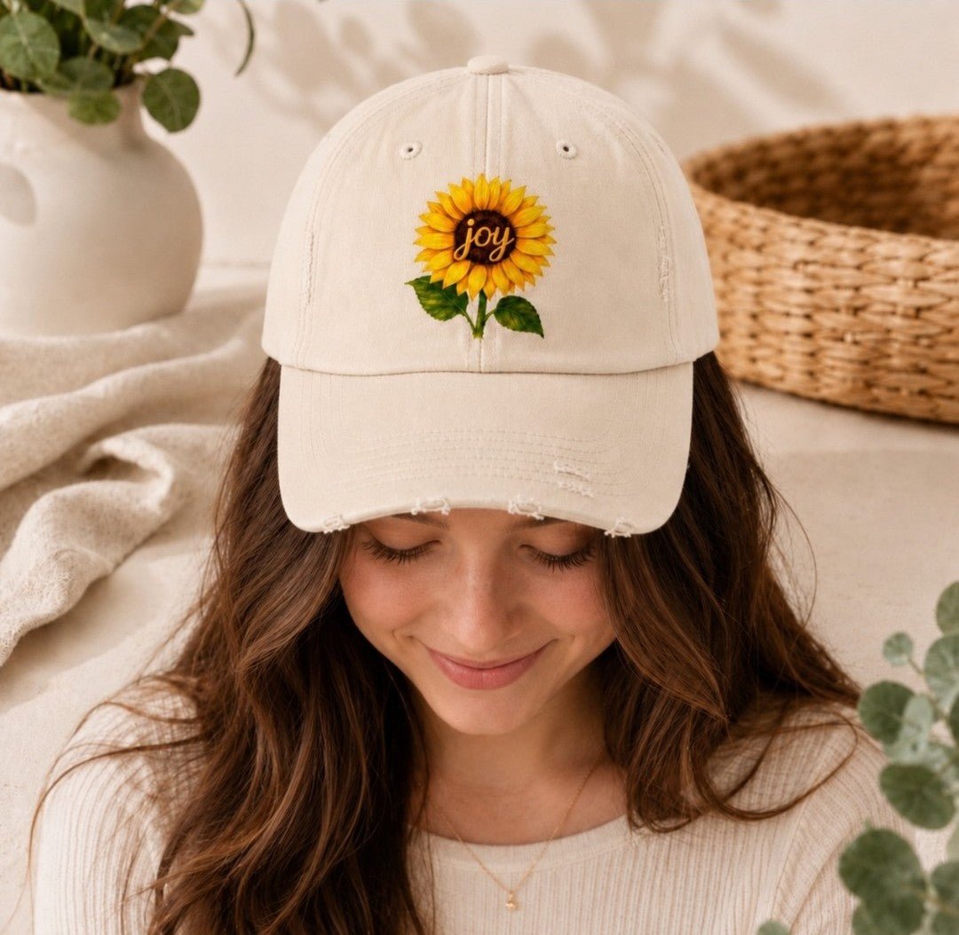 Sunflower "Joy" Distressed Cap - faithcovenant