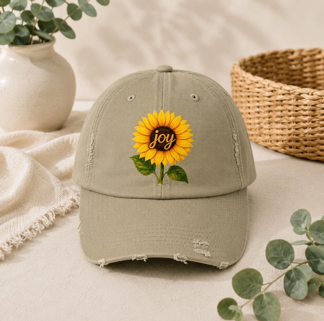 Sunflower "Joy" Distressed Cap - faithcovenant