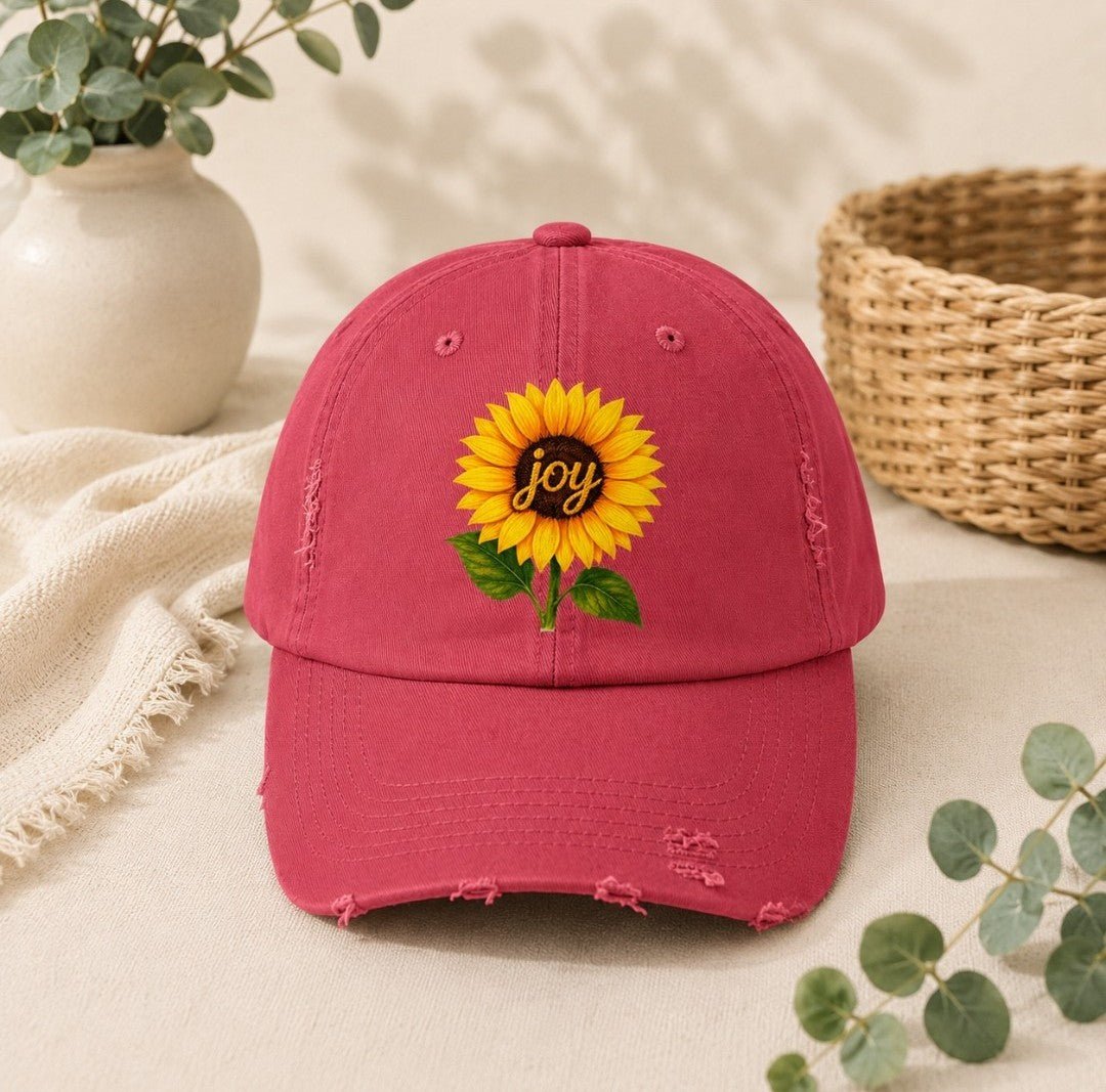 Sunflower "Joy" Distressed Cap - faithcovenant