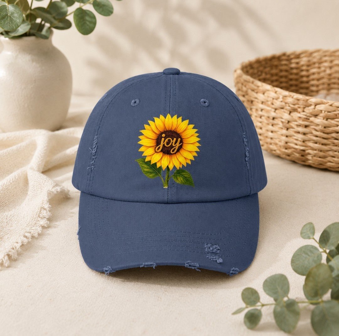 Sunflower "Joy" Distressed Cap - faithcovenant