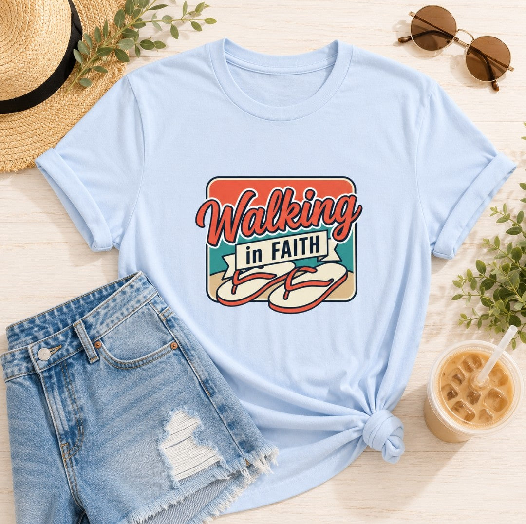 Walking in Faith Beach T-Shirt — Christian Faith Coastal Tee