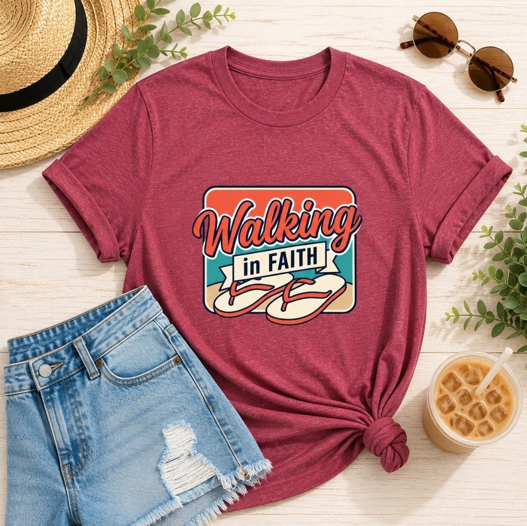 Walking in Faith Beach T-Shirt — Christian Faith Coastal Tee - faithcovenant