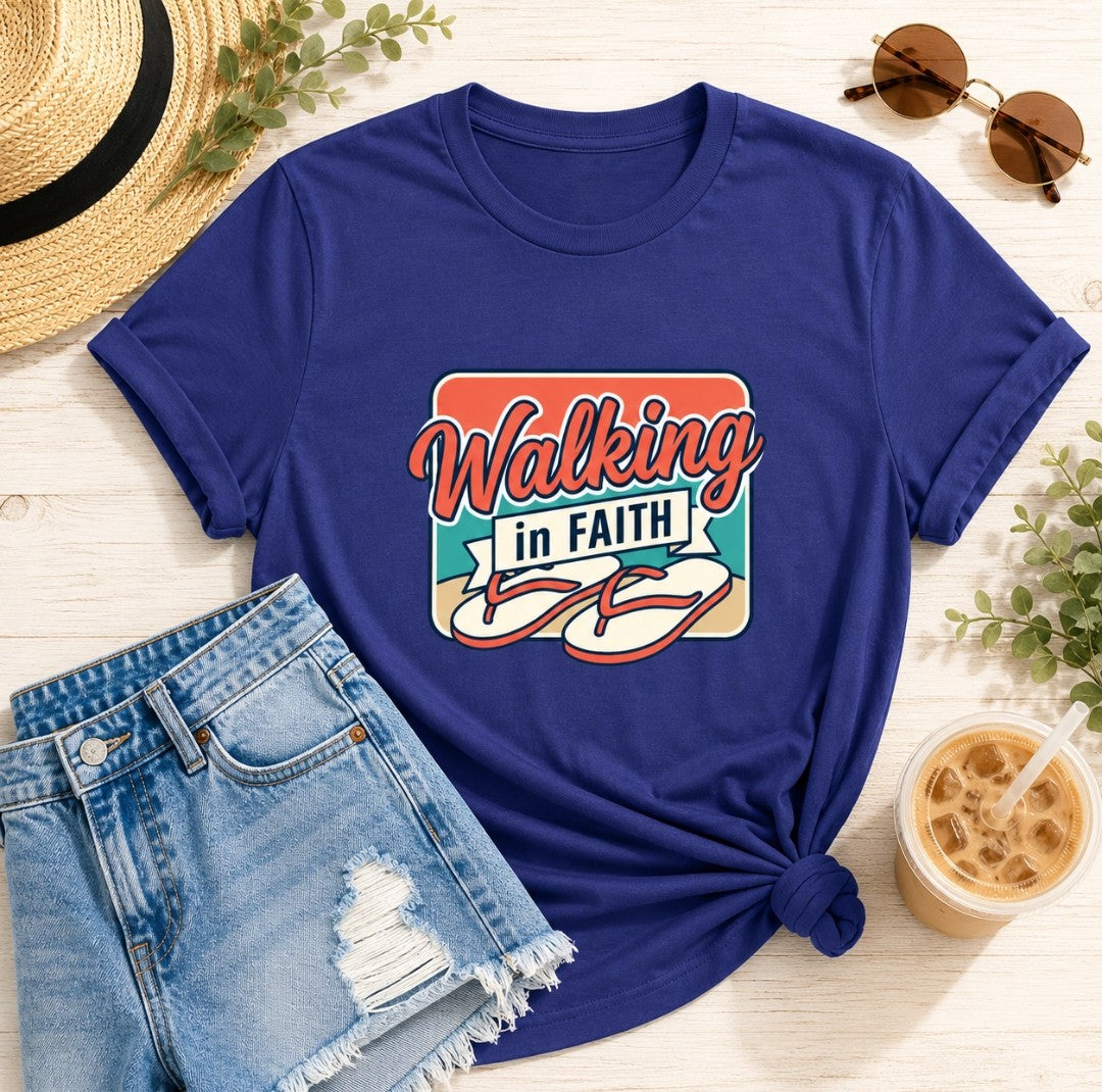 Walking in Faith Beach T-Shirt — Christian Faith Coastal Tee