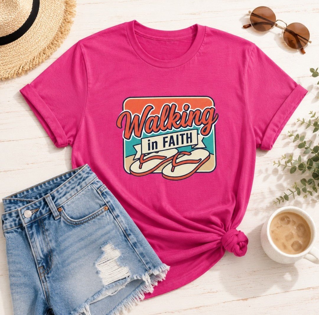 Walking in Faith Beach T-Shirt — Christian Faith Coastal Tee - faithcovenant