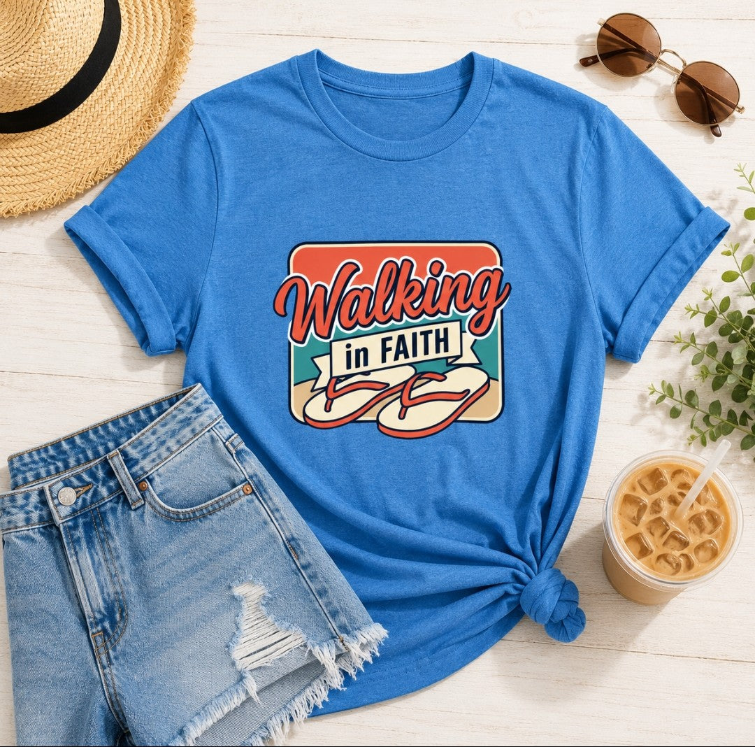 Walking in Faith Beach T-Shirt — Christian Faith Coastal Tee