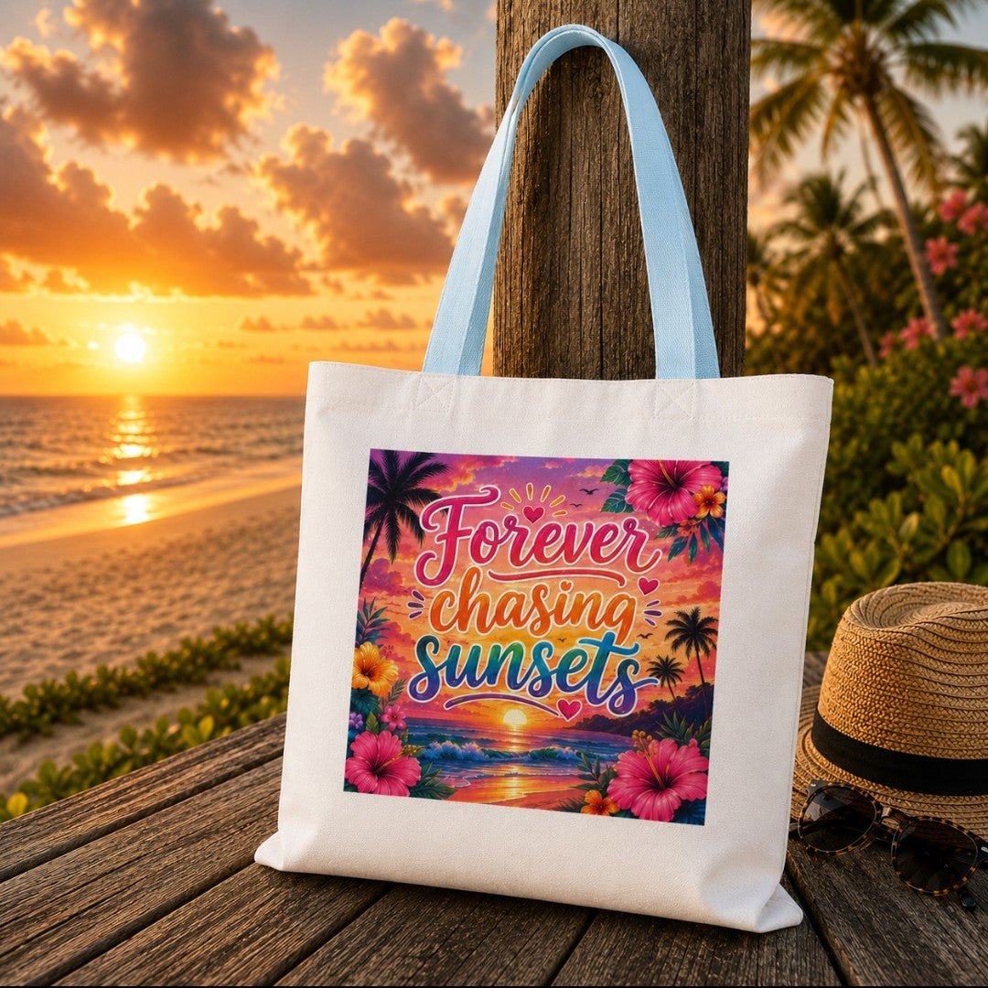 Forever Chasing Sunsets Canvas Tote — Beach Sunset Tote Bag with Colorful Straps - faithcovenant