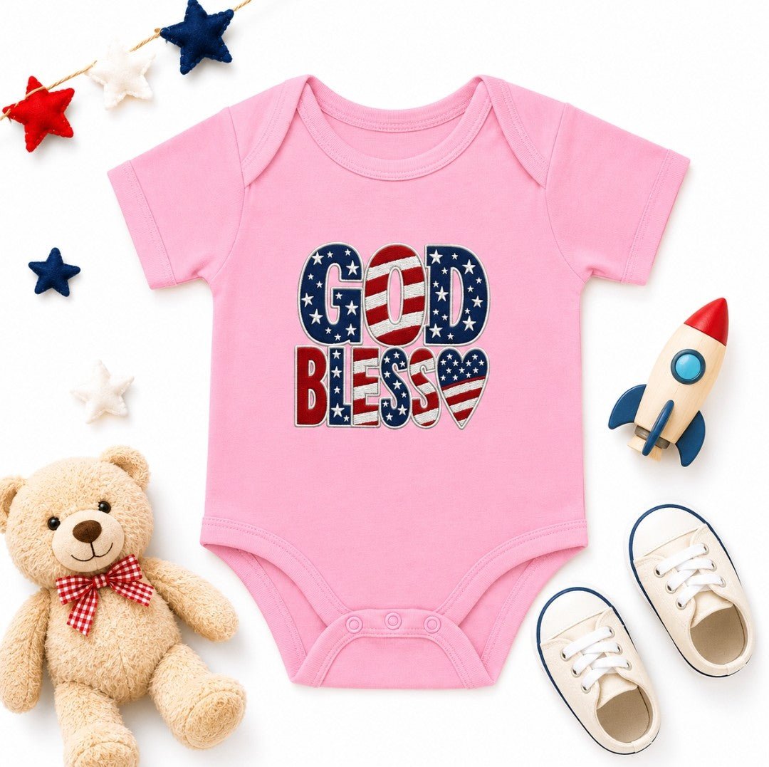 God Bless Patriotic Infant Bodysuit — Embroidered American Onesie - faithcovenant