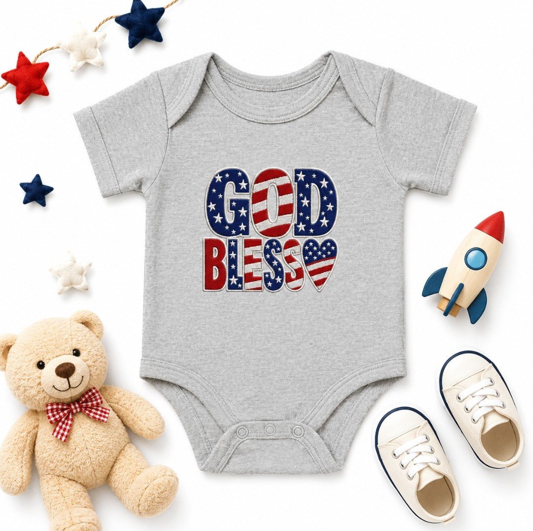 God Bless Patriotic Infant Bodysuit — Embroidered American Onesie - faithcovenant