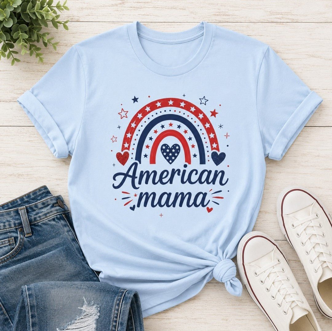 Patriotic Rainbow T-Shirt — "American Mama" 4th of July Mom Tee - faithcovenant