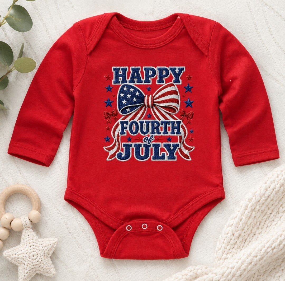 Fourth of July infant bodysuit with patriotic red, white, and blue bow and "Happy Fourth of July" text on soft long-sleeve cotton onesie