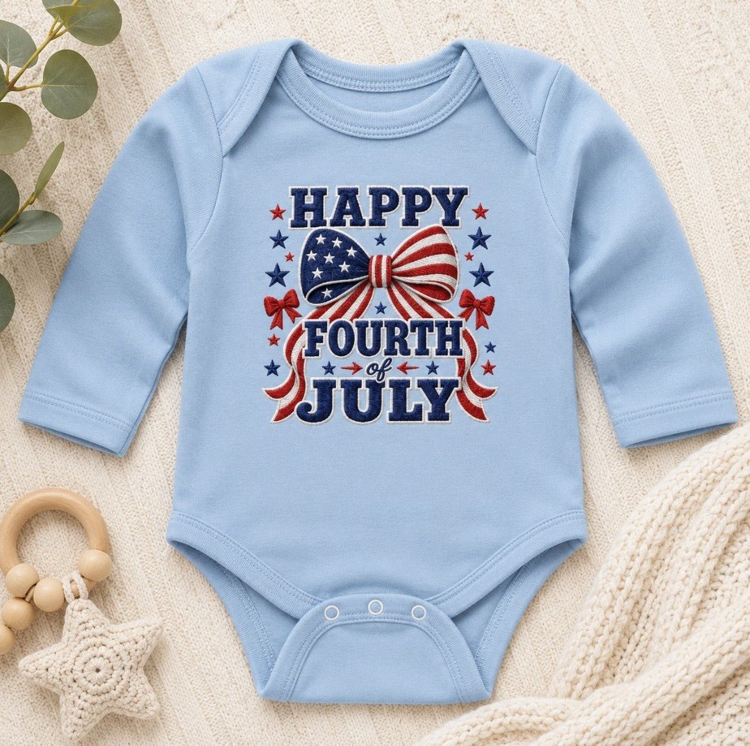 Fourth of July Infant Bodysuit - "Happy Fourth of July" Patriotic Bow Baby Onesie - faithcovenant