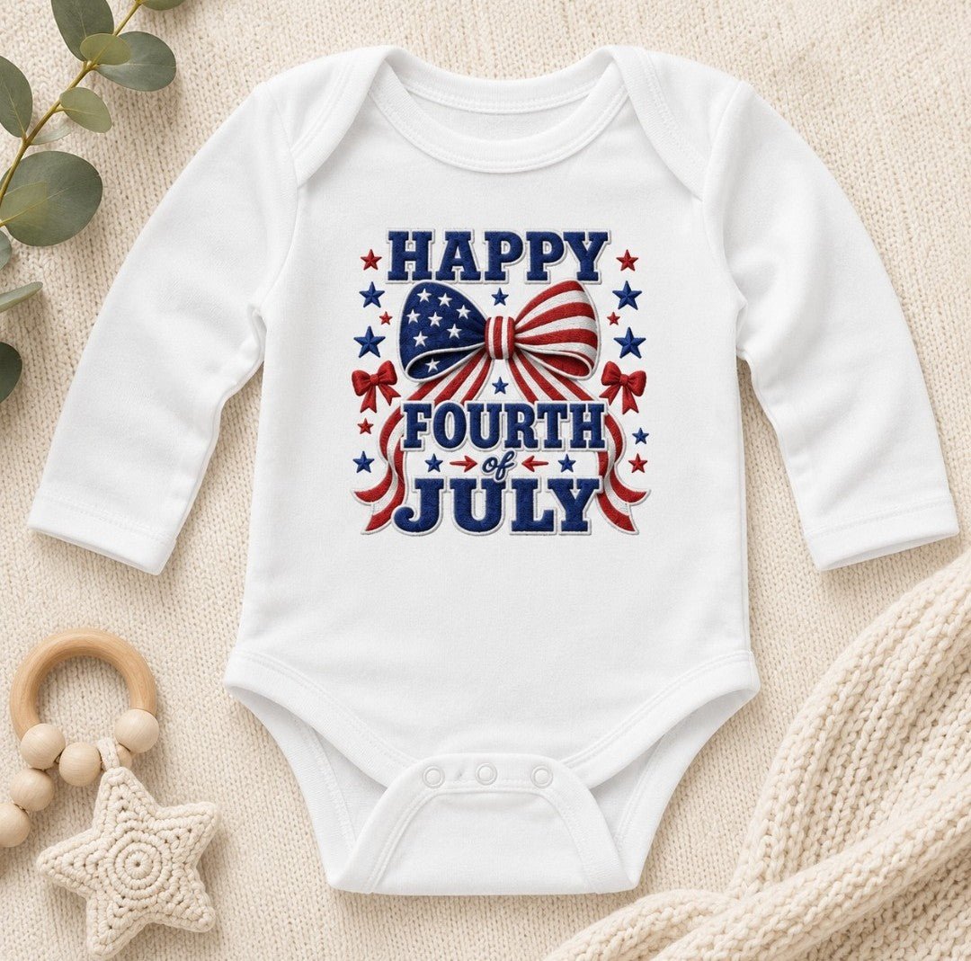 Fourth of July Infant Bodysuit - "Happy Fourth of July" Patriotic Bow Baby Onesie - faithcovenant