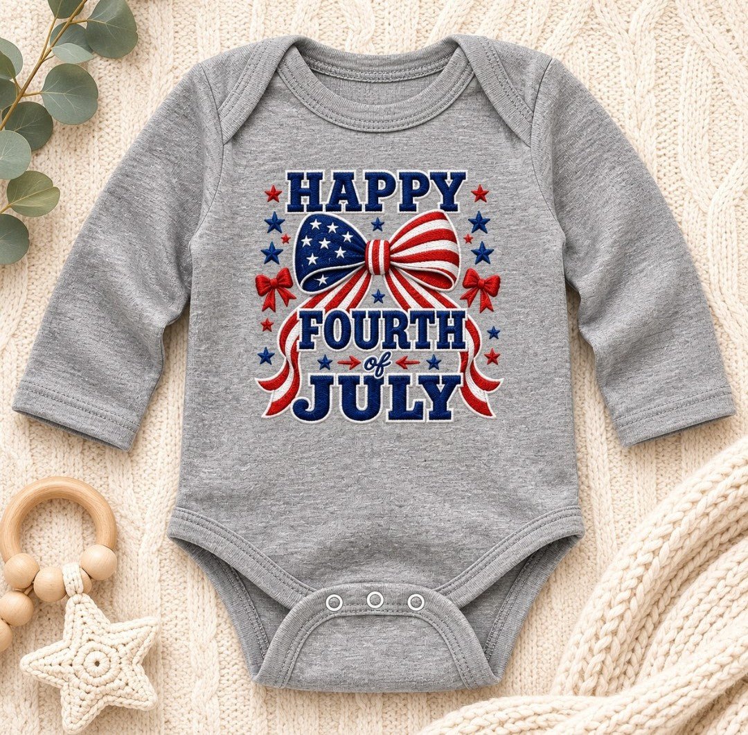 Fourth of July Infant Bodysuit - "Happy Fourth of July" Patriotic Bow Baby Onesie - faithcovenant