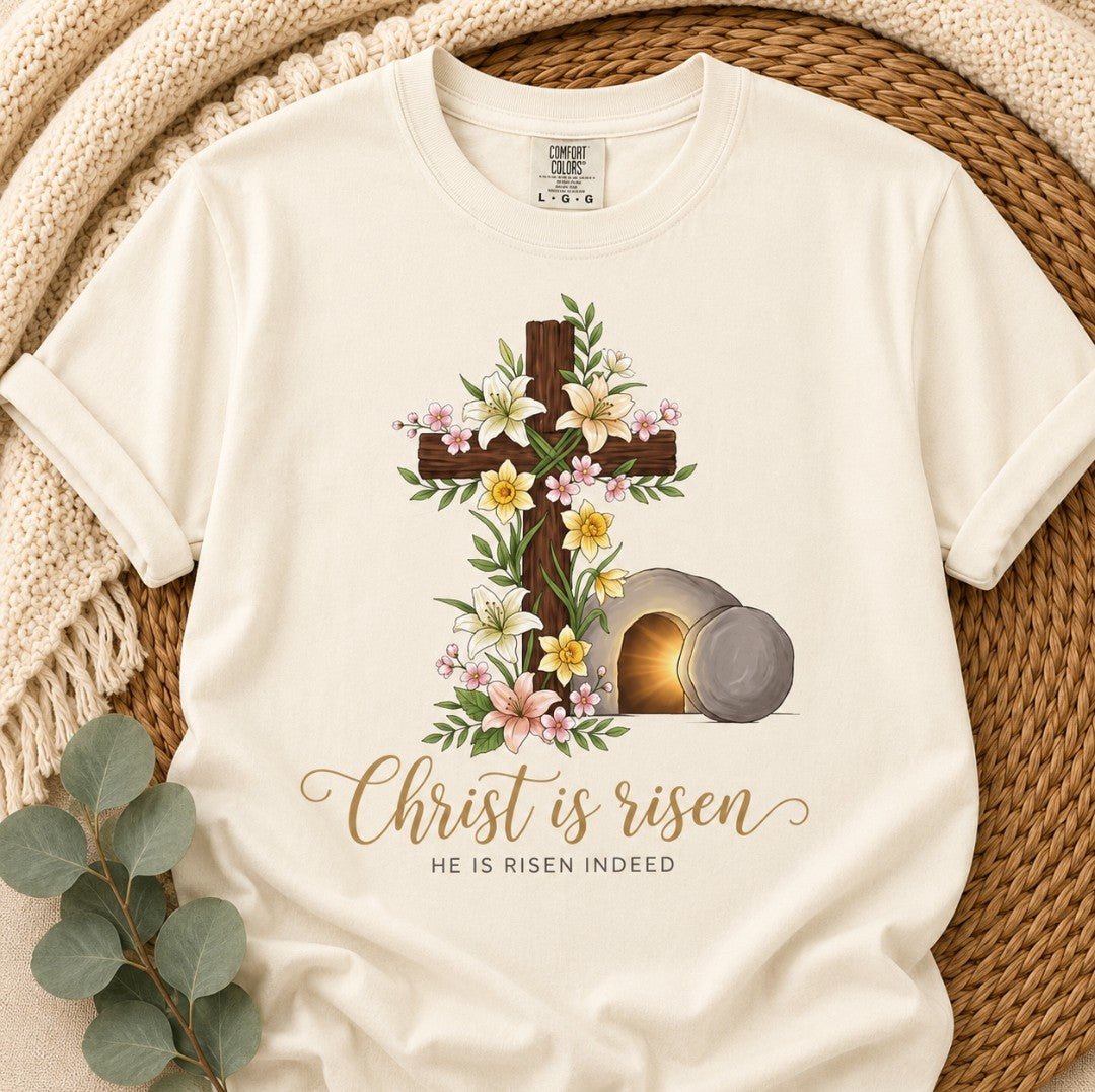 Easter "Christ Is Risen" T-Shirt — Floral Cross & Empty Tomb Christian Tee - faithcovenant