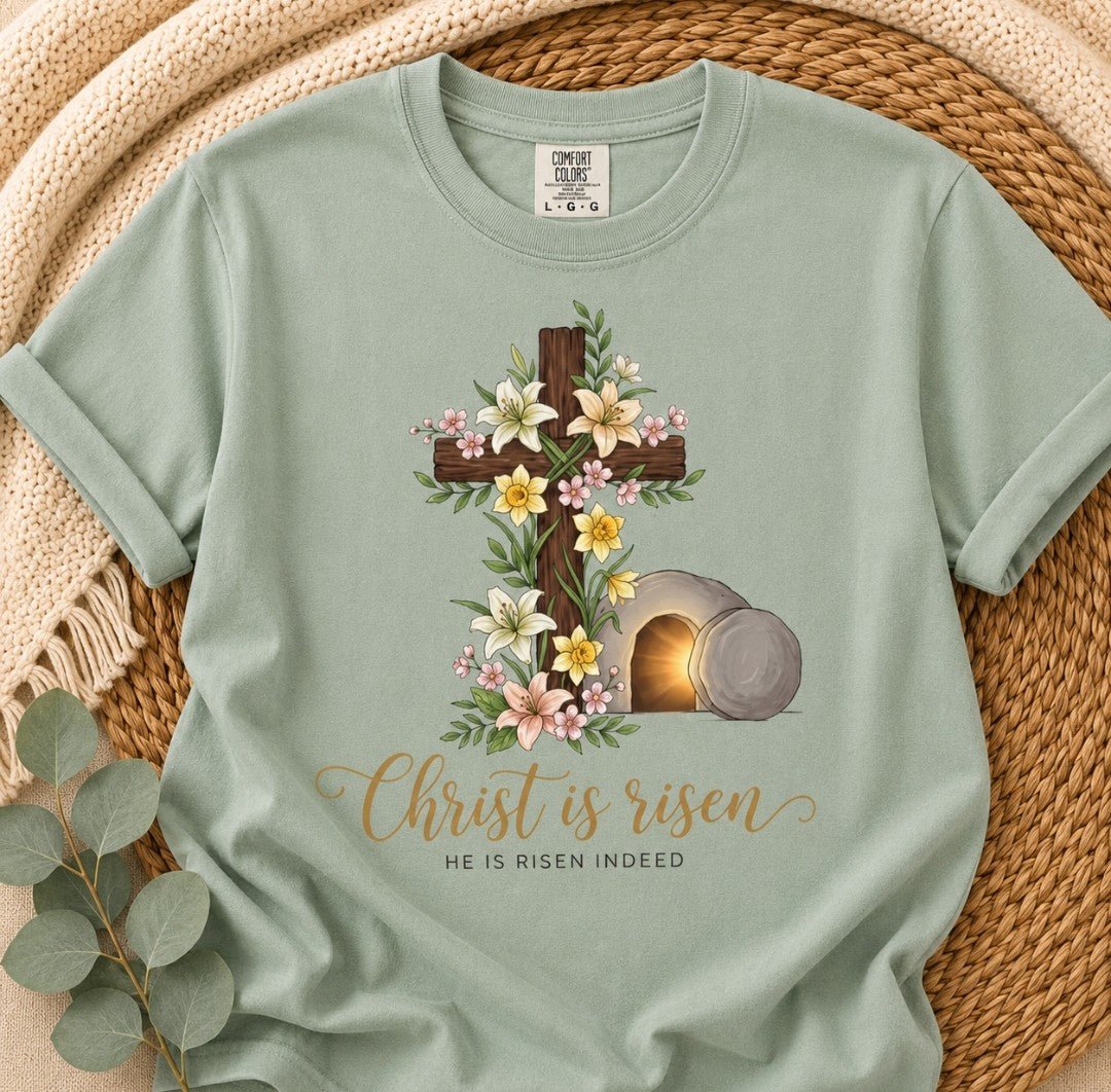 Easter "Christ Is Risen" T-Shirt — Floral Cross & Empty Tomb Christian Tee - faithcovenant