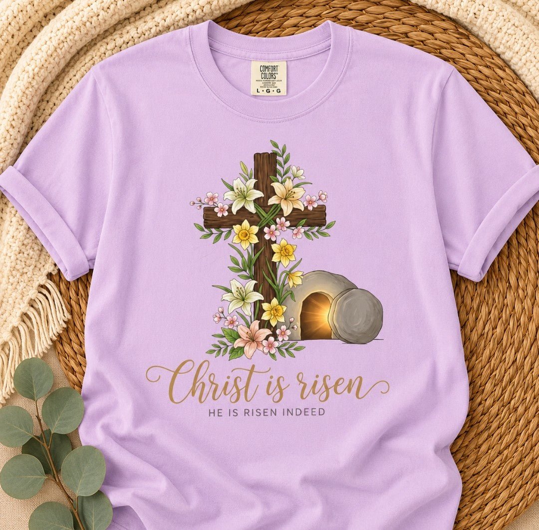 Easter "Christ Is Risen" T-Shirt — Floral Cross & Empty Tomb Christian Tee - faithcovenant